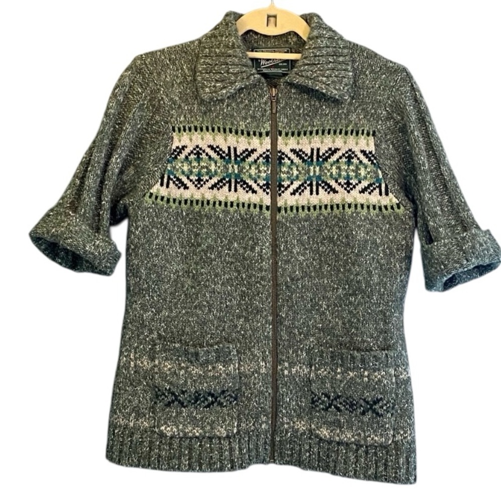 Woolrich Nordic Fair Isle Short Sleeve Zip Up Sweater in Spruce Green Sz S